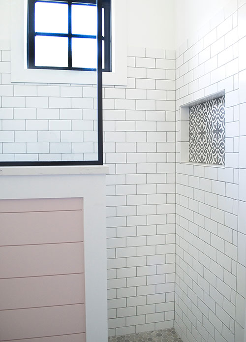 pink shiplap, farmhouse bathroom, shower, subway tile, black frame glass shower, cement tile