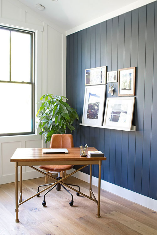 home office navy blue wall shiplap vertical west elm slope chair ikea desk money tree board and batten