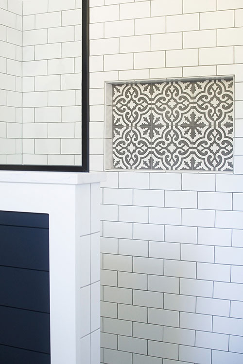 cement tile, farmhouse bathroom shower, black framed shower glass, navy blue shiplap, subway tile