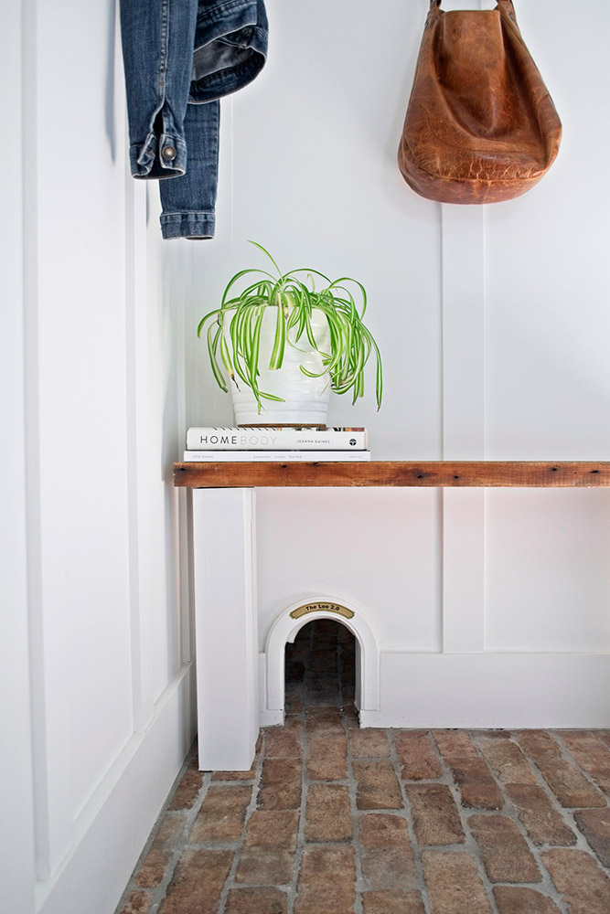 plant on bench with books reclaimed wood door