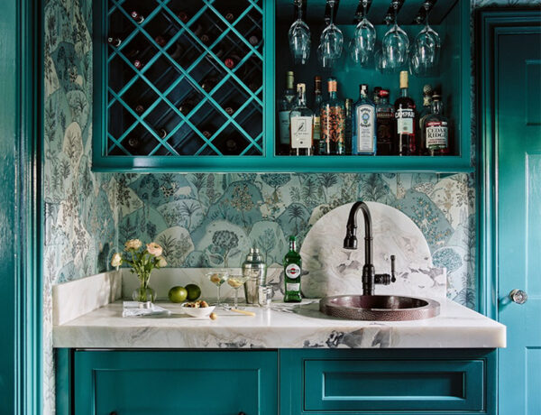 teal blue green wet bar with marble top and copper sink and wallpaper Vani Sayeed Studios